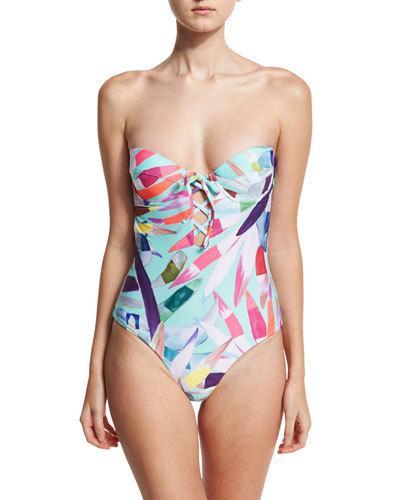 Printed Lattice Underwire Bandeau One-piece Swimsuit, Light Blue