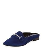 Melody Suede Flat Loafer Mule W/ Bit Detail, Navy
