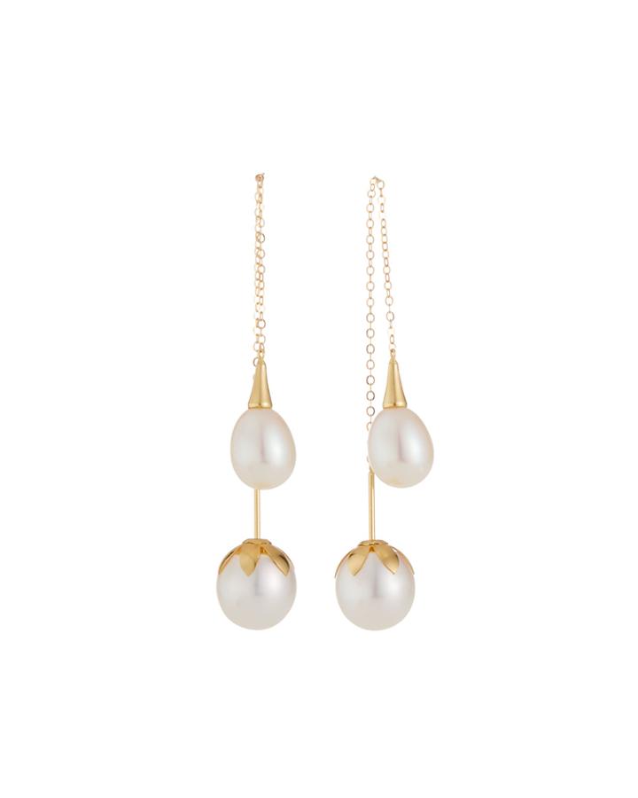 18k Yellow Gold Threader Pearl-chain Earrings
