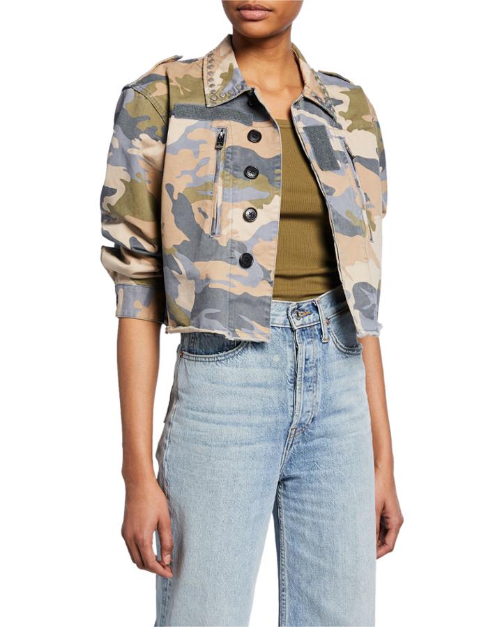 Cropped Camo-print Studded Military Jacket