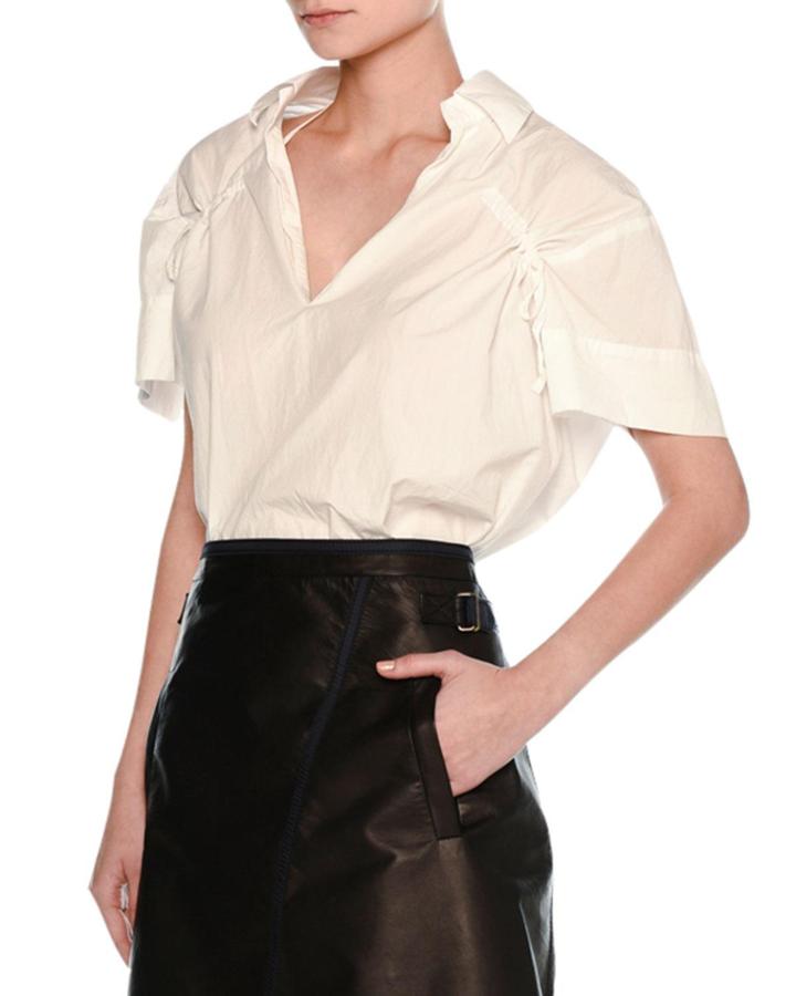 Ruched-sleeve Airy Blouson Top, White