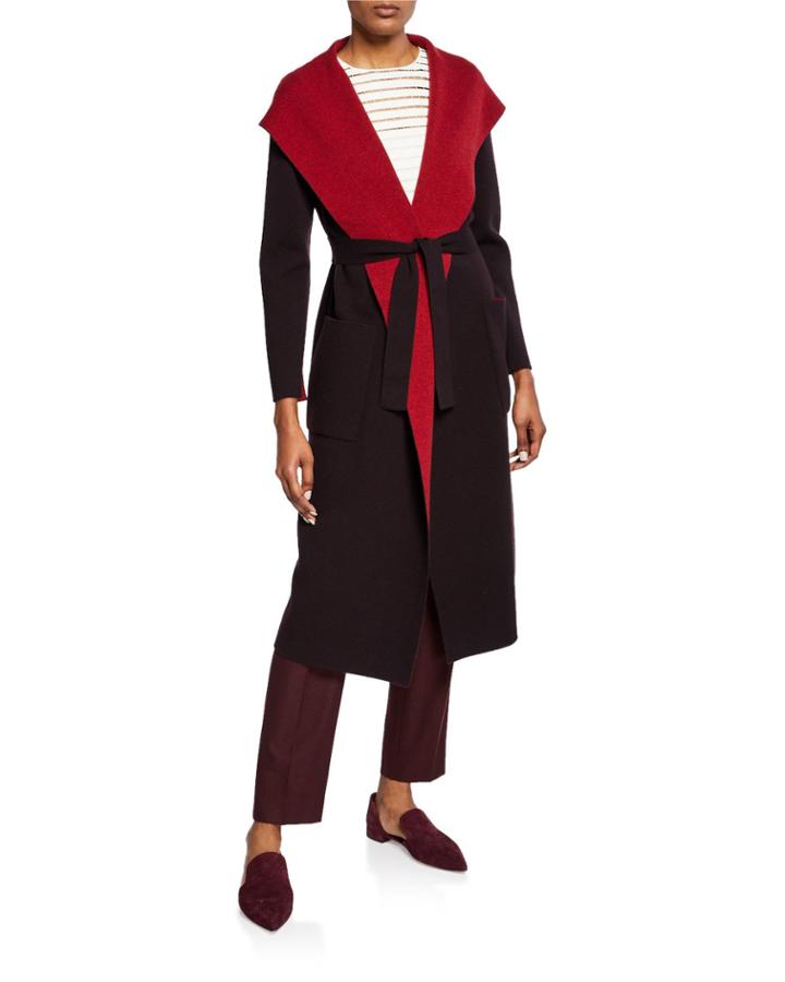 Long Hooded Cashmere Wrap Coat, Steppe/white Pepper