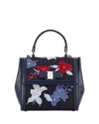 Floral-embroidered Mixed Top Handle Bag