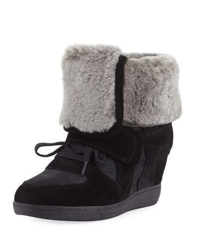 Brendy Wedge Sneaker With Fur Trim, Black