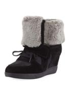 Brendy Wedge Sneaker With Fur Trim, Black