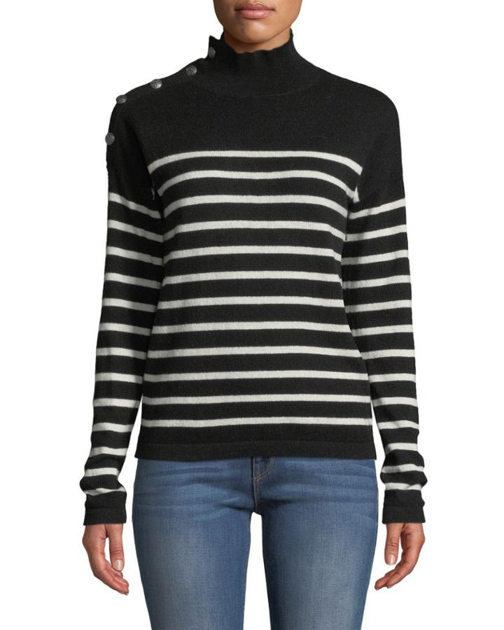 Striped-cashmere Mock-neck Button-sleeve