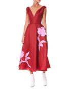 V-neck Sleeveless Floral-embroidered Tea-length Cocktail Dress