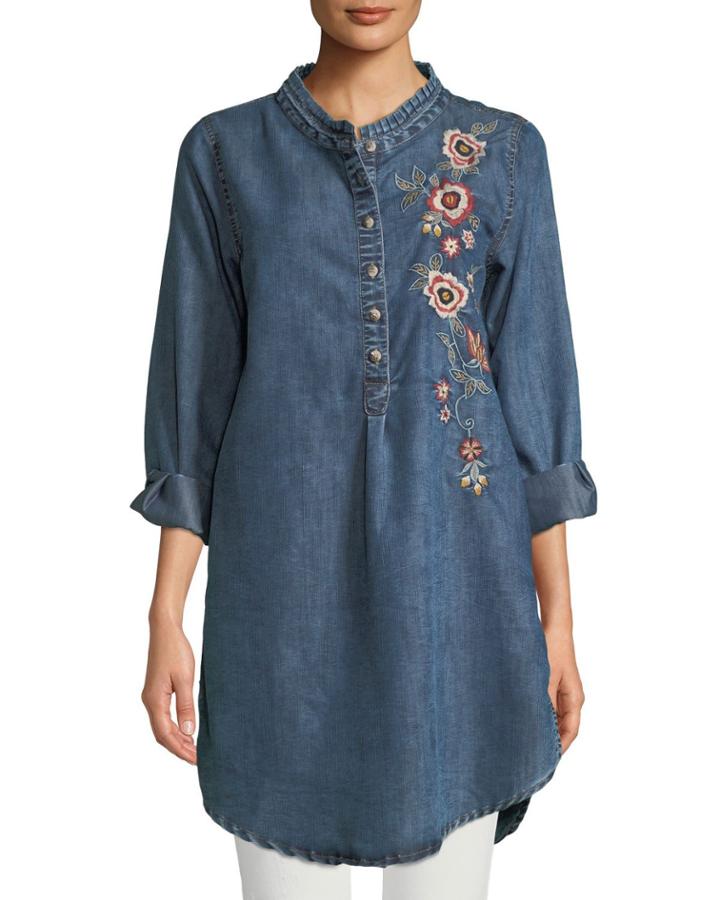 Madison Chambray Tunic Shirt W/ Floral Embroidery