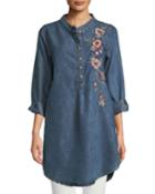 Madison Chambray Tunic Shirt W/ Floral Embroidery
