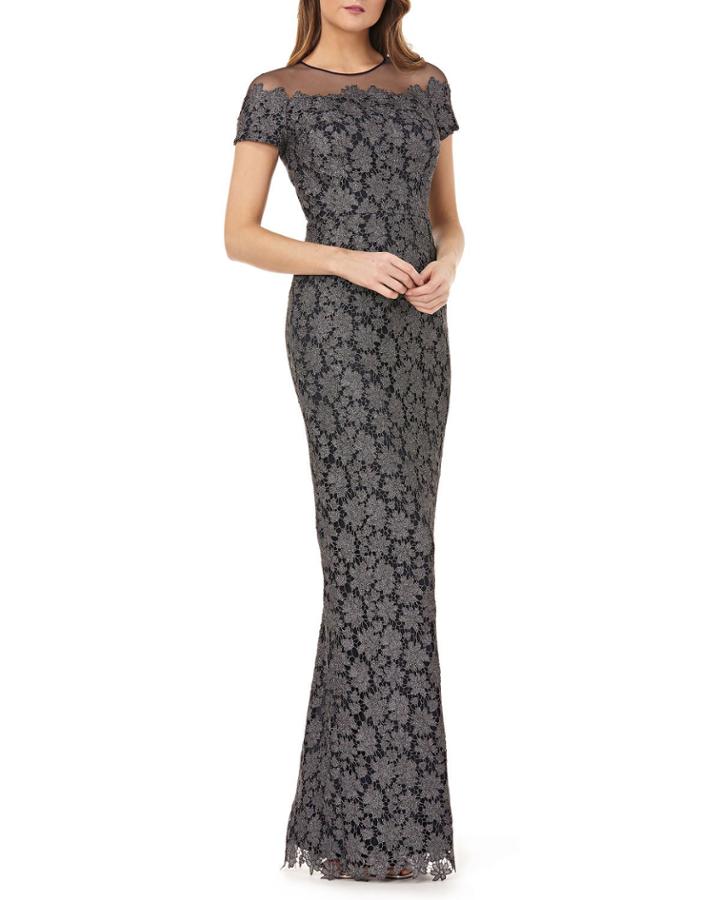 Jewel-neck Short-sleeve Metallic Chemical Lace Illusion Dress