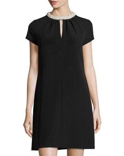 Pearly-embellished Neckline Shift Dress, Black