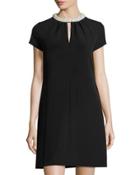 Pearly-embellished Neckline Shift Dress, Black