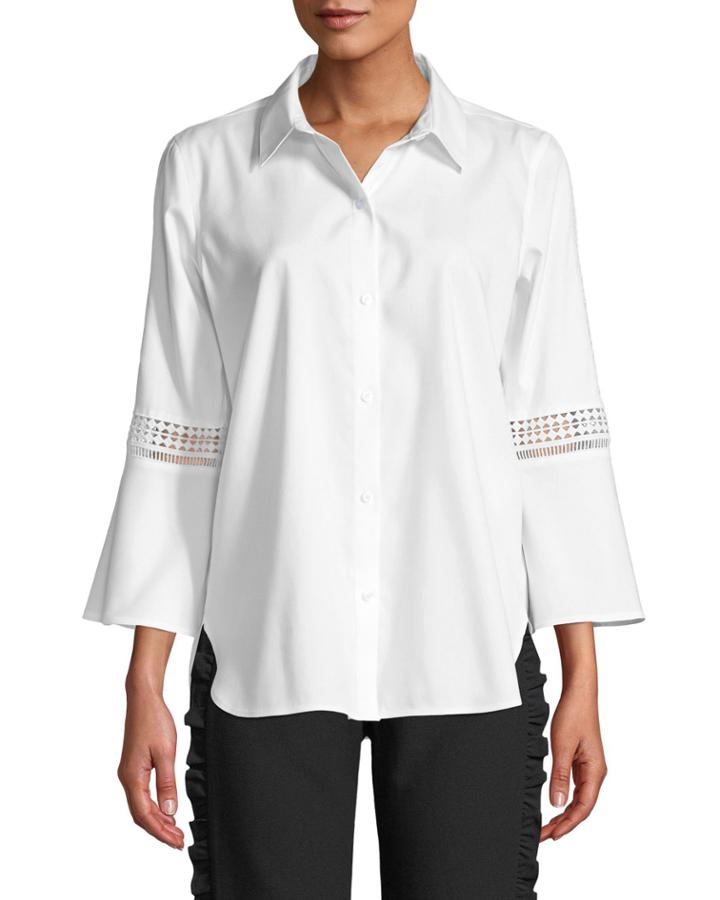 Crochet-trim Bell-sleeve Button-front Blouse