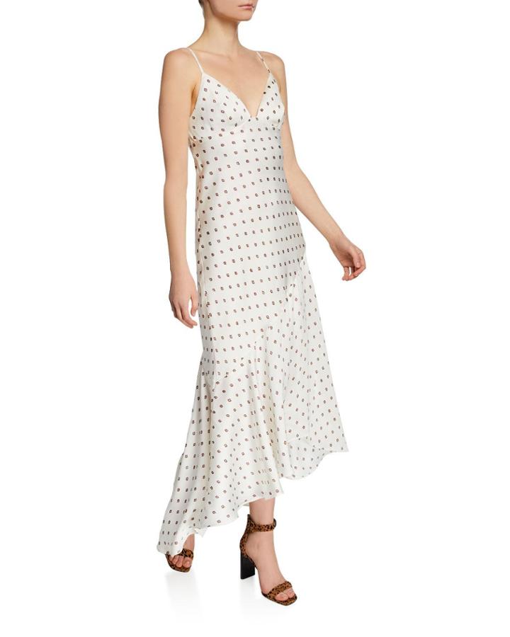 Luciana Printed V-neck Spaghetti-strap Bias Frill Dress