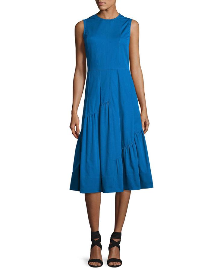 Sleeveless Shirred-skirt Midi Dress, Turquoise