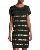 Sequined-stripe Dolman-sleeve Dress, Black/gold