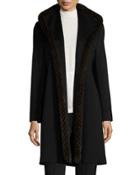 Wool Open-front Coat W/ Mink Fur, Black