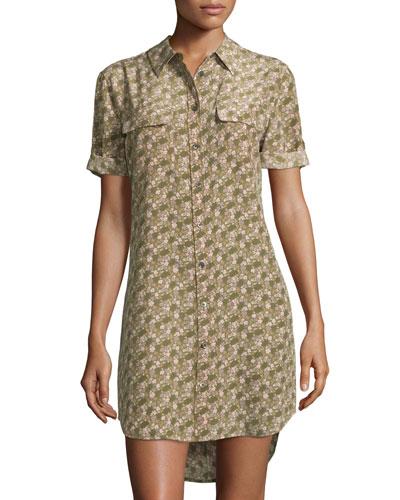 Slim Signature Short-sleeve Shirtdress, Dusty Olive/multi