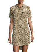 Slim Signature Short-sleeve Shirtdress, Dusty Olive/multi