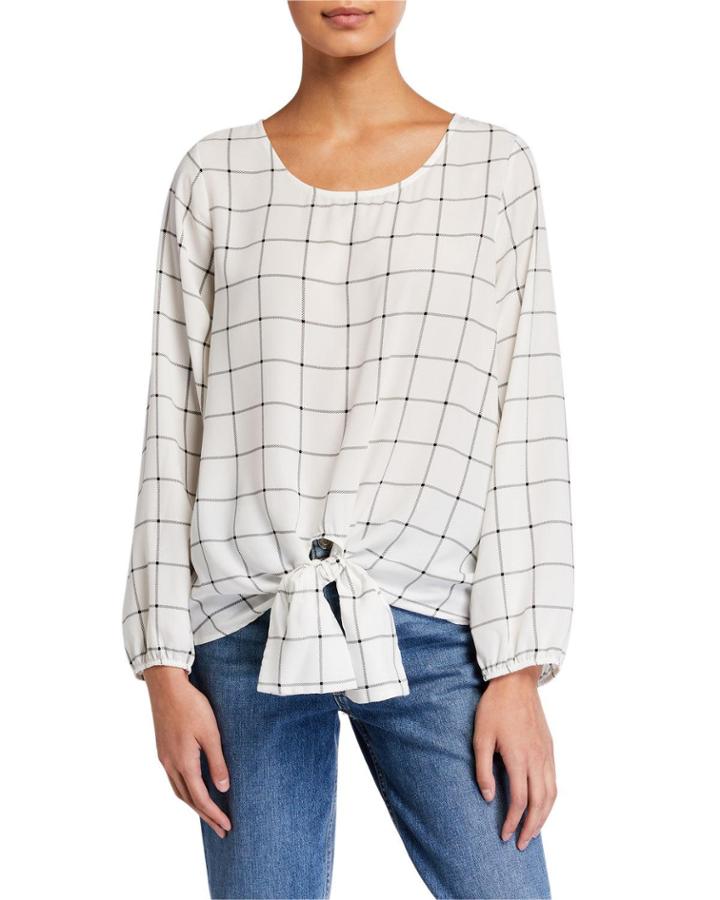 Windowpane Long-sleeve Tie-hem Woven Top