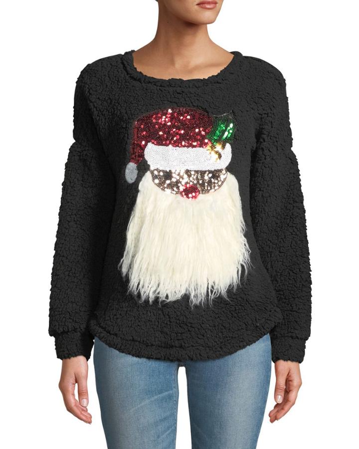 Sequined Santa-face Crewneck Cozy-knit