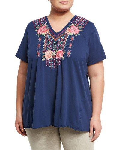 Draped-back Embroidered Tee, Navy,