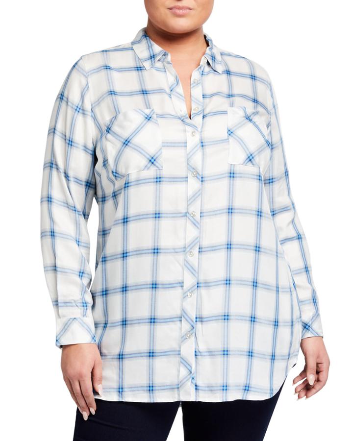 Plus Size Long-sleeve Button-front Plaid