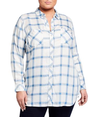 Plus Size Long-sleeve Button-front Plaid