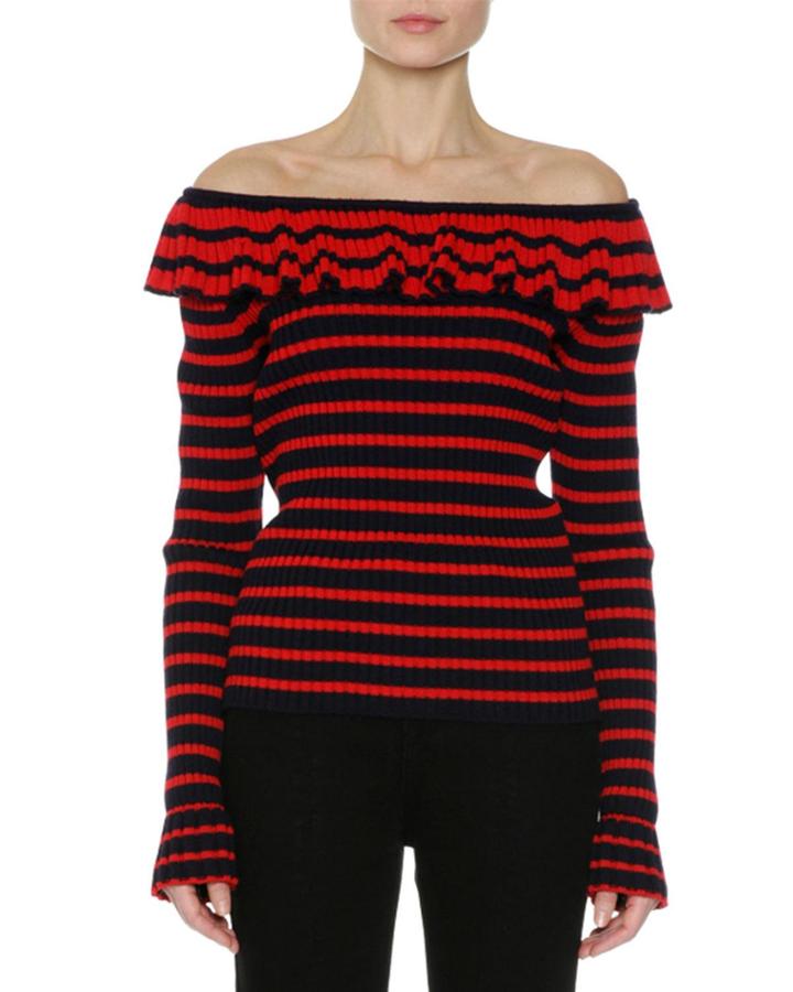 Off-the-shoulder Striped Sweater, Red/blue