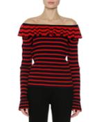 Off-the-shoulder Striped Sweater, Red/blue