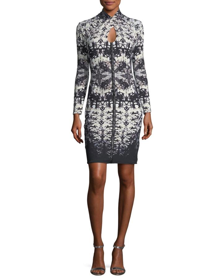 Long-sleeve Keyhole Abstract-print Fitted Dress