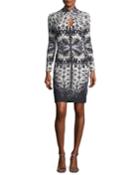 Long-sleeve Keyhole Abstract-print Fitted Dress
