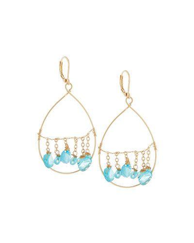 Golden Dangling Briolette Wire Teardrop Earrings, Blue