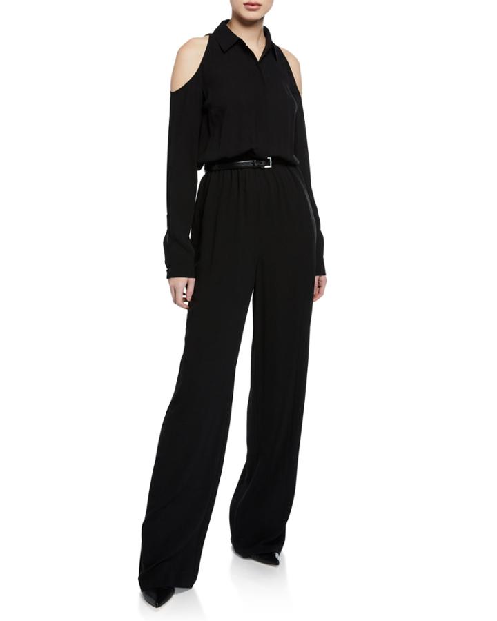 Cold-shoulders Silk Belted Jumpsuit