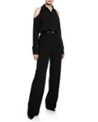 Cold-shoulders Silk Belted Jumpsuit