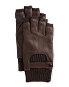 Wool-lined Leather Fingerless Gloves, Chocolate