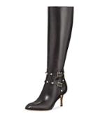 Rockstud Knee-high Leather Boot, Black