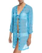 Long-sleeve Printed Tie-front Georgette Coverup