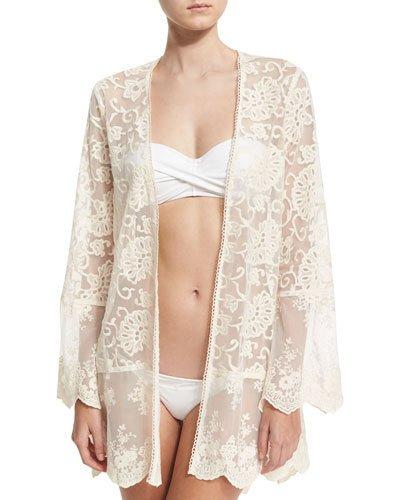 Delicate Allover Lace Kimono, Neutral