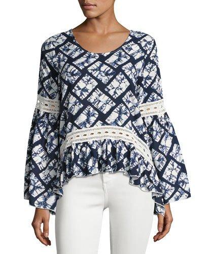 Lace-inset Tie-dye Blouse, Blue