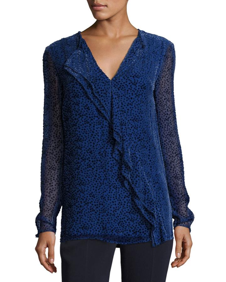 Velvet Polka-dot Asymmetric Ruffle Blouse