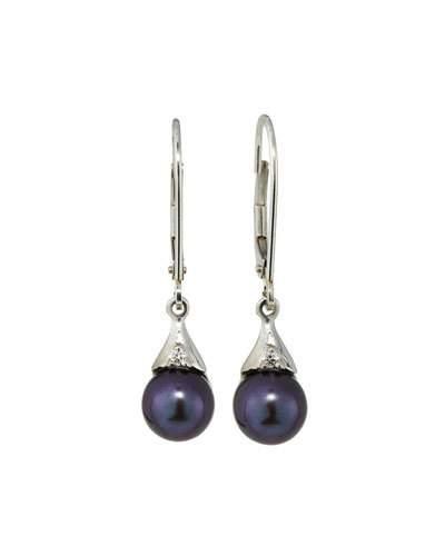 Black Freshwater Pearl & Diamond Drop Earrings,