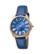 34mm Logo Stainless Steel Watch W/ Leather Strap, Rose Golden/blue