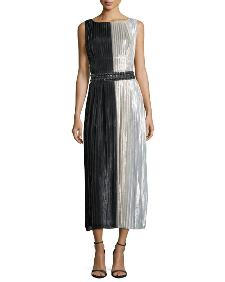 Metallic Silk-chiffon Colorblock Cocktail Dress