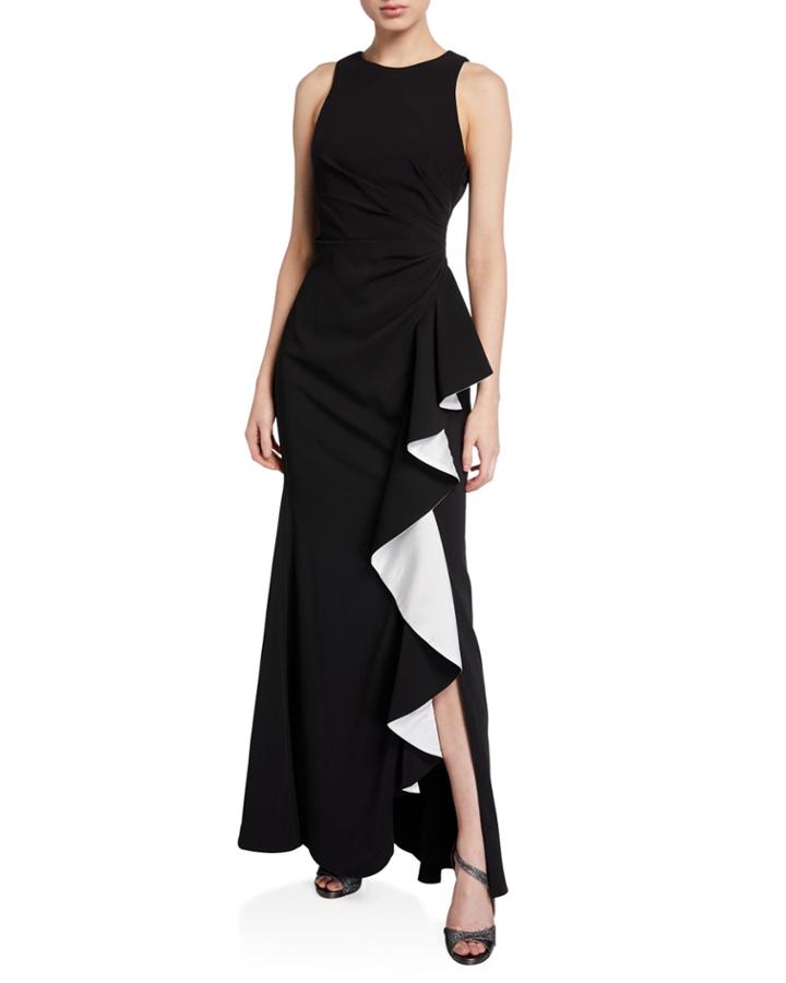 Contrast Ruffle Ruched Column Gown