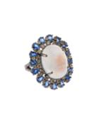 Silver Ring With Rainbow Moonstone, Kyanite & Fancy Diamonds,