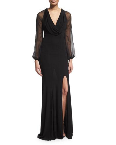 Cap-sleeve Beaded-front Godet Gown