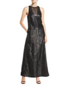 Sleeveless Sequined-mesh Illusion Gown