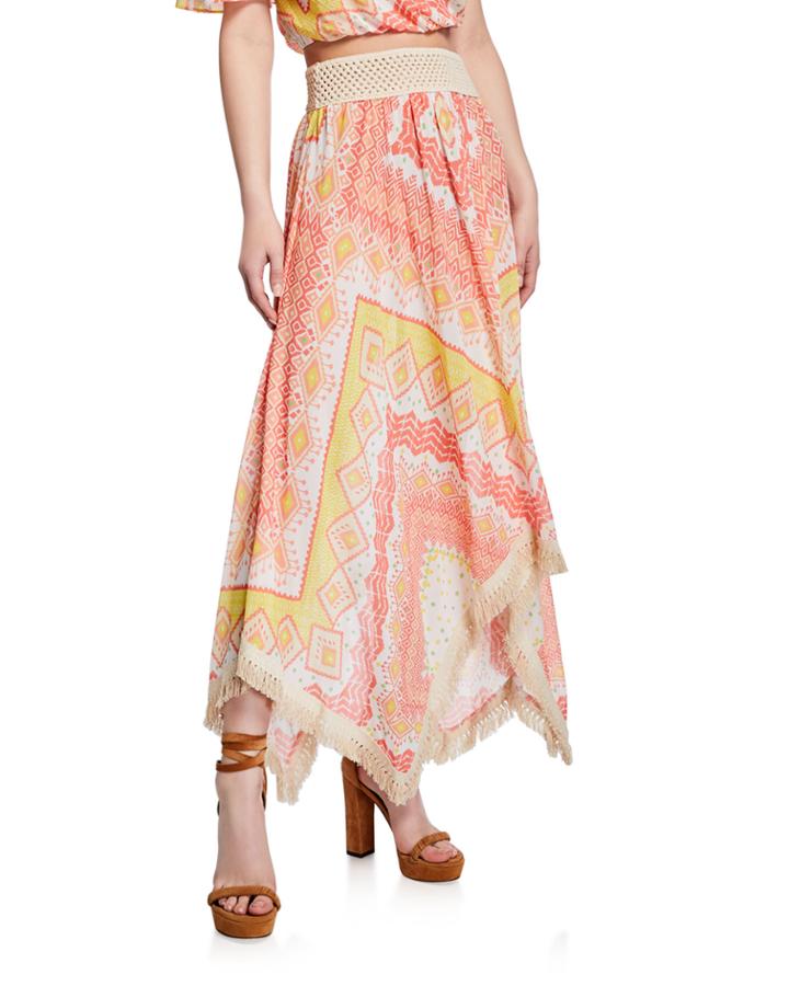 Riviera Printed Handkerchief Long Skirt With Fringe