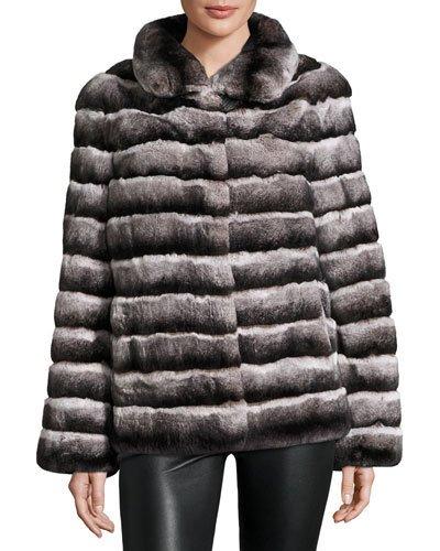 Stand-collar Rabbit Fur Coat, Charcoal